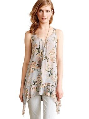 Anthropologie Maeve Magda Grey Floral VNeck Asymmetrical Flowy Tunic Top (M)